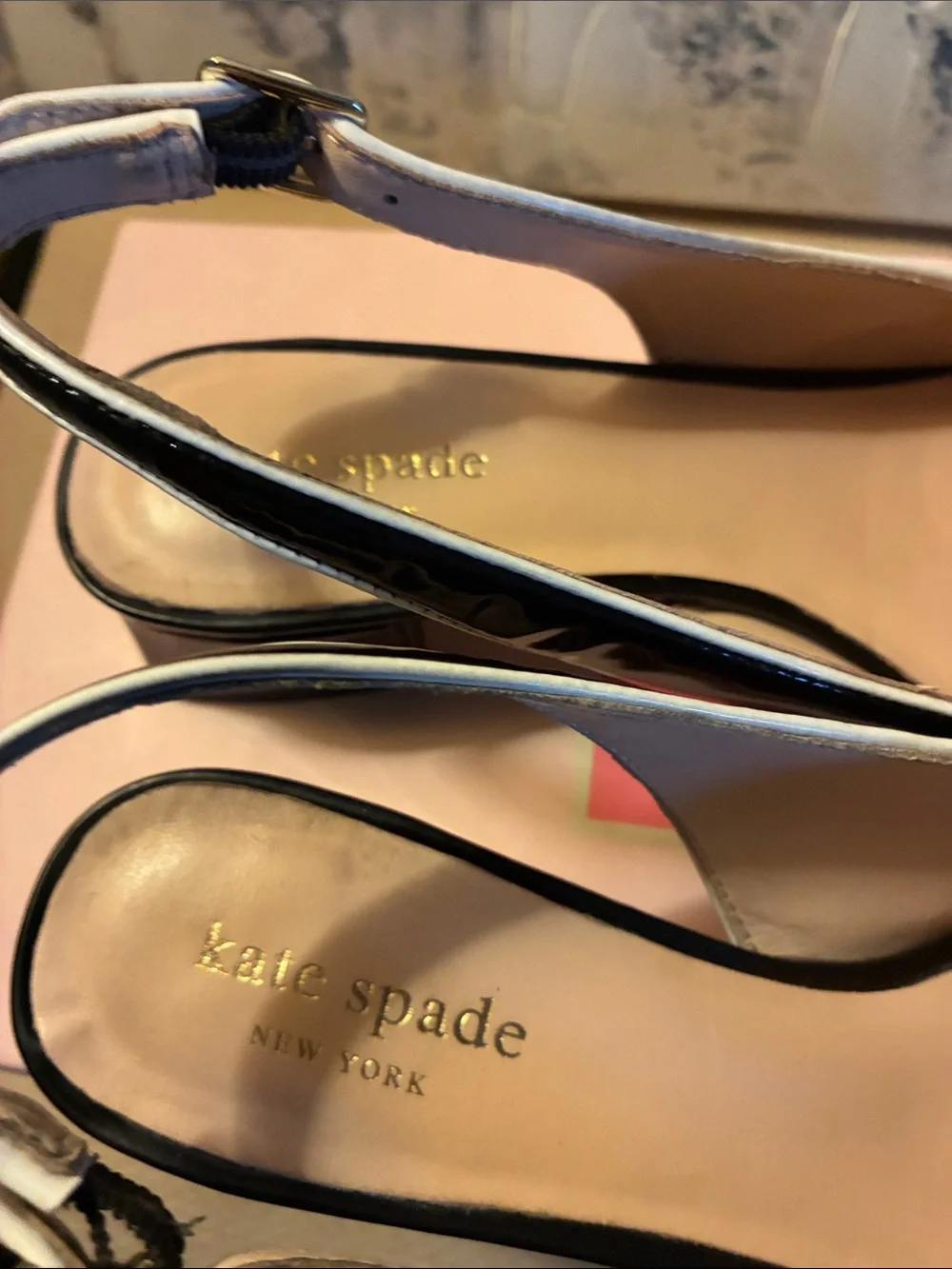 EUC !Kate Spade  Black Patent Leather Slingback Sabina Loafers w/ Gold Size 7M